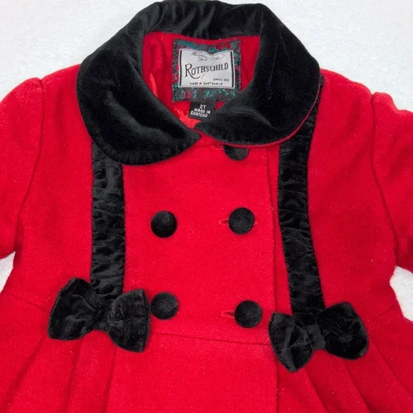 Rothschild Red wool Black velvet girls dress Coat 2t - Picture 2 of 8